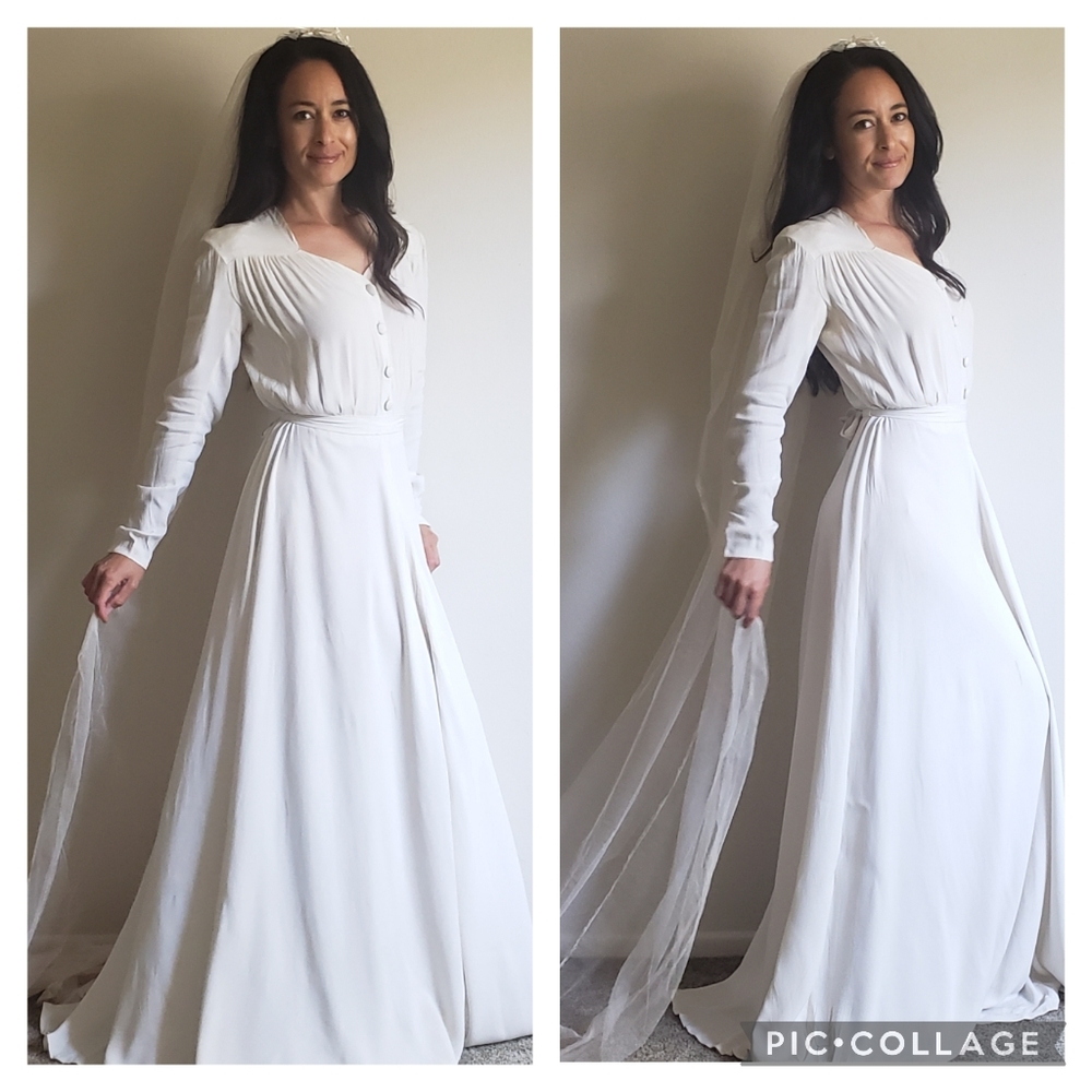 1940s Vintage Bridal Wedding Gown Dress Veil Belt - Picture 5 of 14